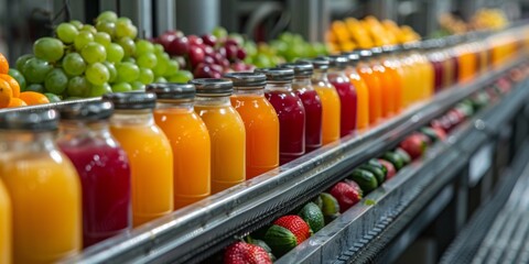 Berry and fruit juices on a conveyor belt. Automatic juice production. Generative AI