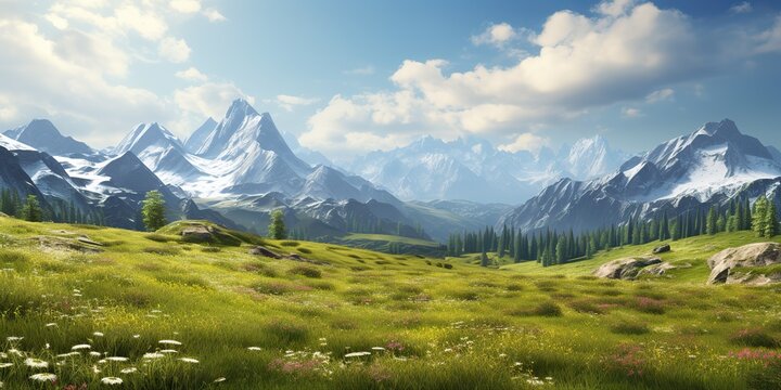 AI Generated. AI Generative. Green nature outdoor adventure vacation countryside landscape background meadow field with mountains hills. Graphic Art