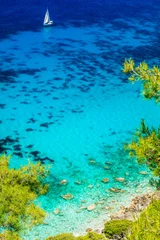 Poster Turquoise beautiful beaches  of Lefkada island witjj crystal clear sea .Greece, Ionian islands. Greek summer destinations © Freesurf