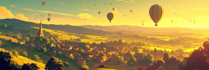 Tuinposter Top view of green landscape and mountain valleys and town and colorful balloons flying in the sky, banner illustration © serz72