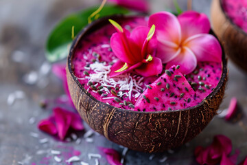 A bowl of pink food with raspberries and mint leaves. The bowl is made of coconut