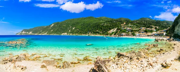 Poster Greek summer destinations. Turquoise beautiful beaches  of Lefkada island, Agios Nikitas village .Greece, Ionian islands © Freesurf
