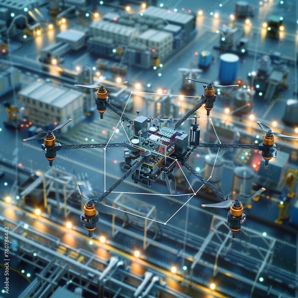 Poster industrial park with iot connectivity, drones and robots communicate over secure networks, ensuring 