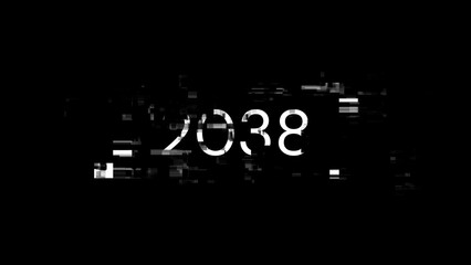 2038 text with screen effects of technological glitches