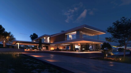 Nighttime panoramic photograph of a modern house