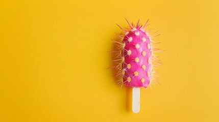 A quirky pink cactus-shaped popsicle on a bright yellow background captures a fun, summer vibe with a humorous twist.