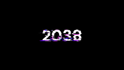 2038 text with screen effects of technological glitches