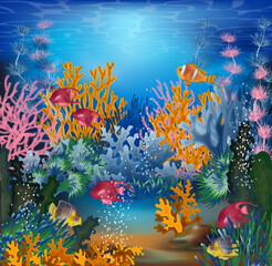 Fototapeta na wymiar Underwater card with tropical fish, vector illustration