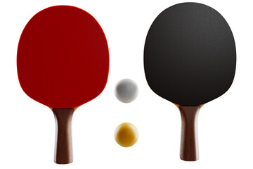 Rackets and balls for table tennis, ping pong on an isolated background. 3D rendering