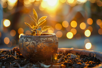 The golden hour casts a warm light over a sprouting plant nestled in a timeworn terracotta pot.