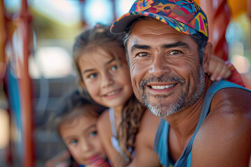 Portrait of latin father and daughters outdoors on a summer day. Generative AI.