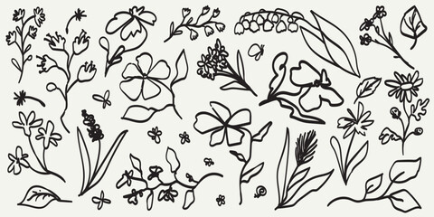 Abstract contemporary flowers with textures. Modern vector illustration. Small hand-drawn flowers set. Wild flowers and plants in charcoal or crayon drawing style. Pencil drawn branches and stems. - obrazy, fototapety, plakaty