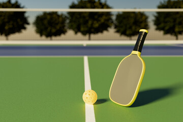 The pickleball ball and paddle are on the court line. Blur of trees in the background. 3D rendering.