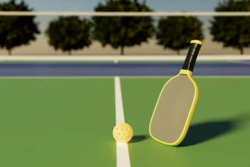 Rolgordijnen The pickleball ball and paddle are on the court line. Blur of trees in the background. 3D rendering. © Olga