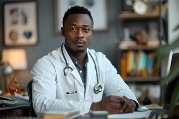 African male doctor in white coat working at desk in office. Concept Doctor's Office, Healthcare Professional, African Male, White Coat, Desk Work - obrazy, fototapety, plakaty
