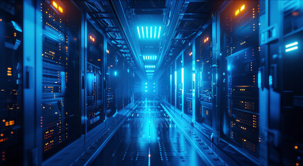 High-Tech Server Room With Glowing Blue Lights and Cables - obrazy, fototapety, plakaty