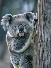 Cozy Koala Clinging to Eucalyptus Tree in Australian Forest Habitat