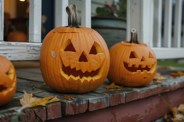 Obraz premium Spooky lineup of jack-o'-lanterns with carved pumpkins porch railing as dusk sets and halloween perfect for the season