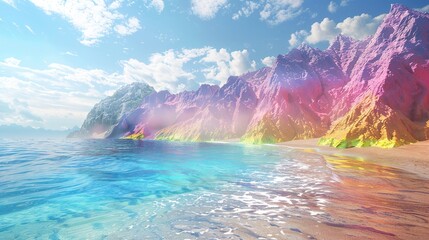 On the beach blowing sea breeze, overlooking the crystal clear sea water, rainbow RGB mountains