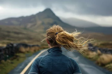 Gardinen Attractive Blonde Woman Enjoying Mountain Road Journey © swissa