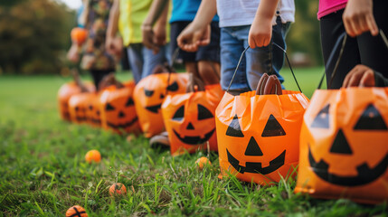 Closeup of children with hands holding pumpkins bags playing trick or treat outdoors. - obrazy, fototapety, plakaty