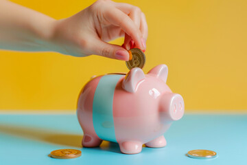 A contemporary take on saving money is captured as a hand drops a Bitcoin into a stylish two-tone piggy bank.