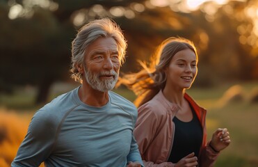 Stylish senior couple jogging in the park, wearing sportswear and smiling while running together outdoors at sunset. The concept of fitness for elderly people. 8k, real created by ai