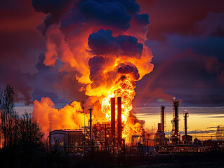 Industrial Oil Refinery Engulfed in Flames at Dusk