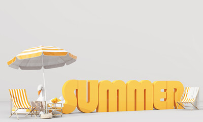 Beach umbrella with chairs and beach accessories on the bright orange background. Summer vacation concept with text SUMMER. Minimalism concept. 3D Rendering, 3D Illustration