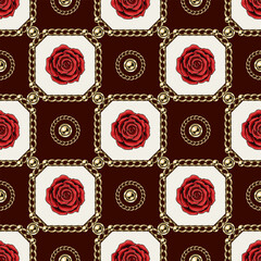 Checkered jewelry seamless pattern with golden chains, red roses, chamfer squares. Classic grid. Detailed high contrast illustration in luxury vintage style.