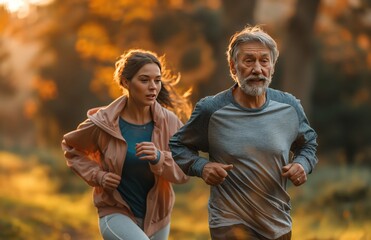 Fototapeta premium Stylish senior couple jogging in the park, wearing sportswear and smiling while running together outdoors at sunset. The concept of fitness for elderly people. 8k, real created by ai