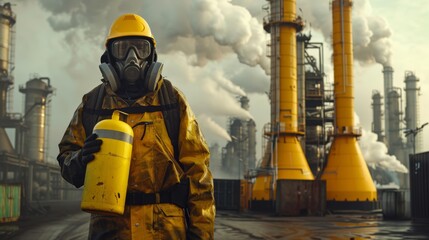 an industrial worker dons protective gear and holds a yellow gas canister against the backdrop of an oil factory
