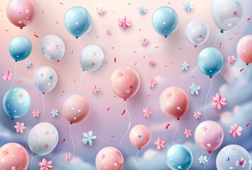 a group of balloons and flowers