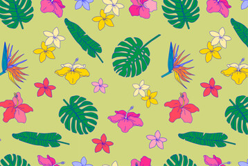 Colourful tropical leaves and flowers pattern on green background. Exotic plants backdrop. Design for textile, wallpaper, summer fashion. Botanical and jungle concept.
