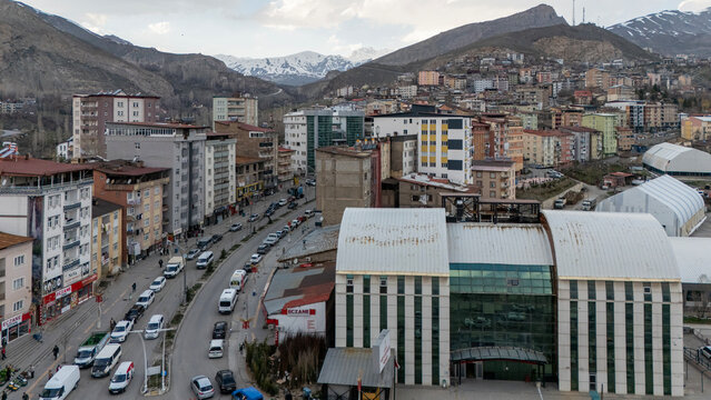 Aerial Hakkari City Center Stock Photo, a city established in the mountain ranges 
