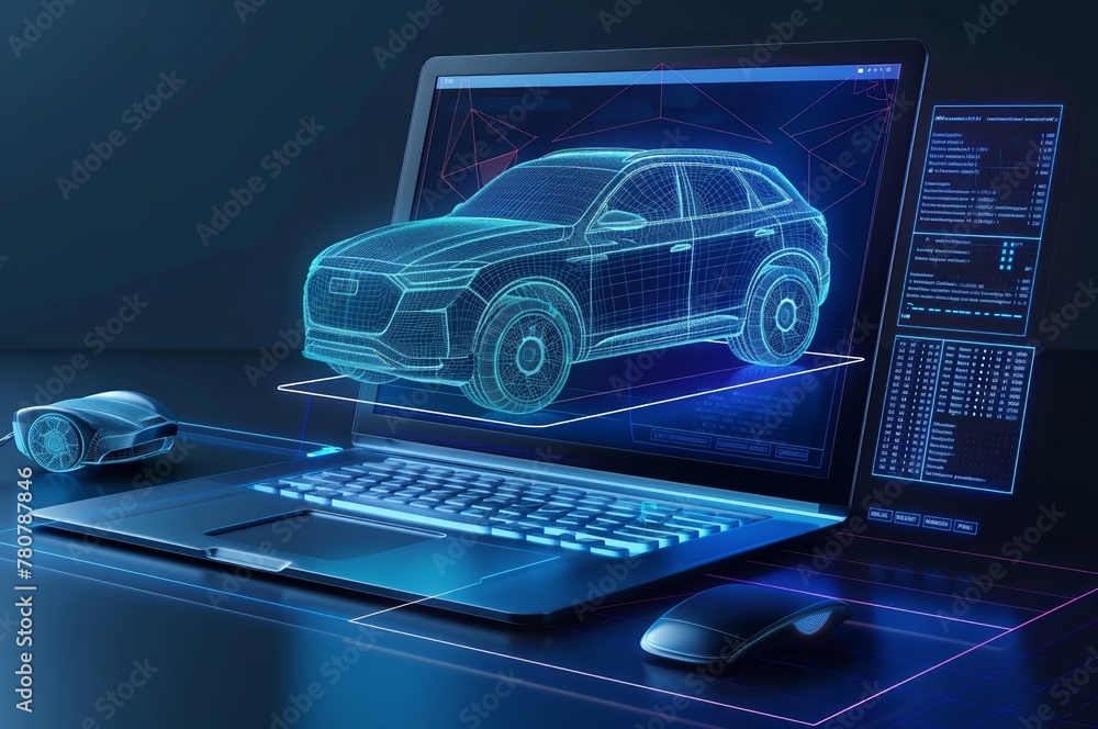 Fototapete 3d rendering of a car hologram on a laptop - the design includes an open computer screen displaying 