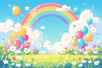 cartoon backdrop with rainbow, clouds and balloons