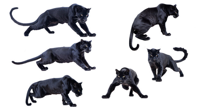 Set of black panters in different poses isolated on transparent background. 