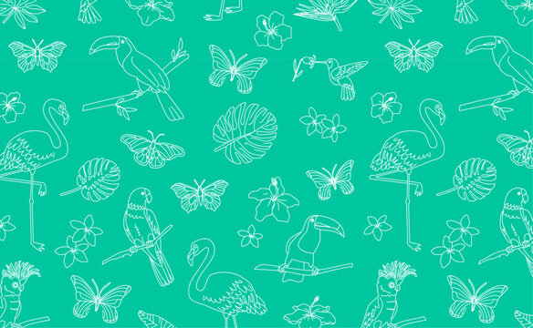 Tropical wildlife pattern with flamingos, parrots, toucans, palm leaves and flowers on teal background. Design for textile, wallpaper, print. Summer vacation and travel concept.