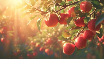 close up of red apples on tree in apple orchard - obrazy, fototapety, plakaty