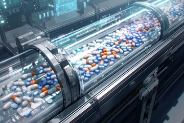 Closeup of the pills on a conveyor belt in motion, with a focus on colorful round tablets and white tablets. - obrazy, fototapety, plakaty