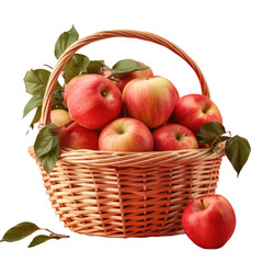Wicker basket brimming with McIntosh apples and fresh green leaves on a transparent background