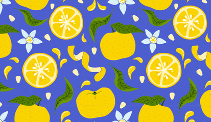 Yuzu fruits, leaves, flowers, seeds and yuzu peel seamless pattern o violett background. Juice exotic citrus plant graphics for printing or packaging.