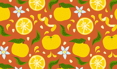 Yuzu fruits, leaves, flowers, seeds and yuzu peel seamless pattern o brown background. Juice exotic citrus plant graphics for printing or packaging.