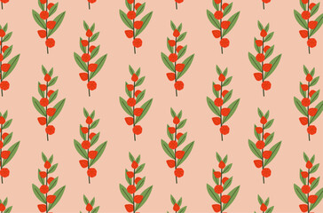 Ashwagandha or winter cherry branch on light red background. Medicinal plant for sleep and relaxation. Natural remedy and food spice. Floral seamless pattern.