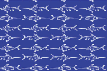 Swordfish seamless pattern on dark blue background. Ocean fish outline wallpaper. Design for culinary branding, maritime artwork.