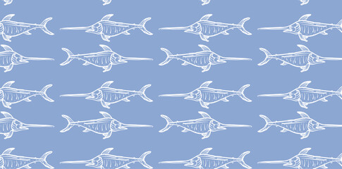 Swordfish seamless pattern on light blue background. Ocean fish outline wallpaper. Design for culinary branding, maritime artwork.