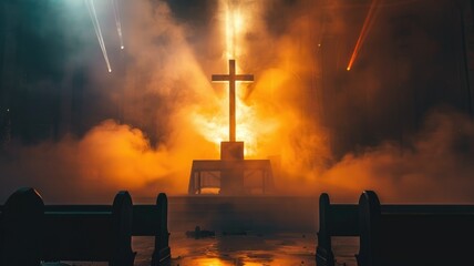 Dramatic Silhouetted Cross Amid Fiery Celestial Display in the Night Sky - obrazy, fototapety, plakaty