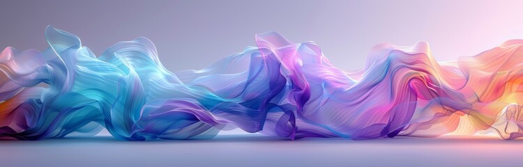 A panoramic digital image presenting waves of silk textures flowing seamlessly, bathed in the delicate colors of dawn and rainbow tones - obrazy, fototapety, plakaty