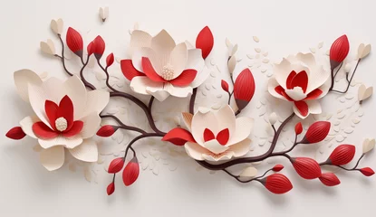 Fototapeten 3d wallpaper with elegant blue flowers, magnolia and leaves, vector illustration design with white background  © Goodhim